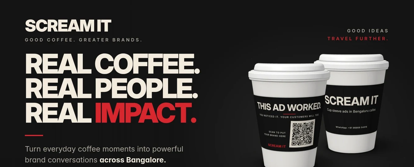 Scream It brand poster showing coffee cups with advertising sleeves