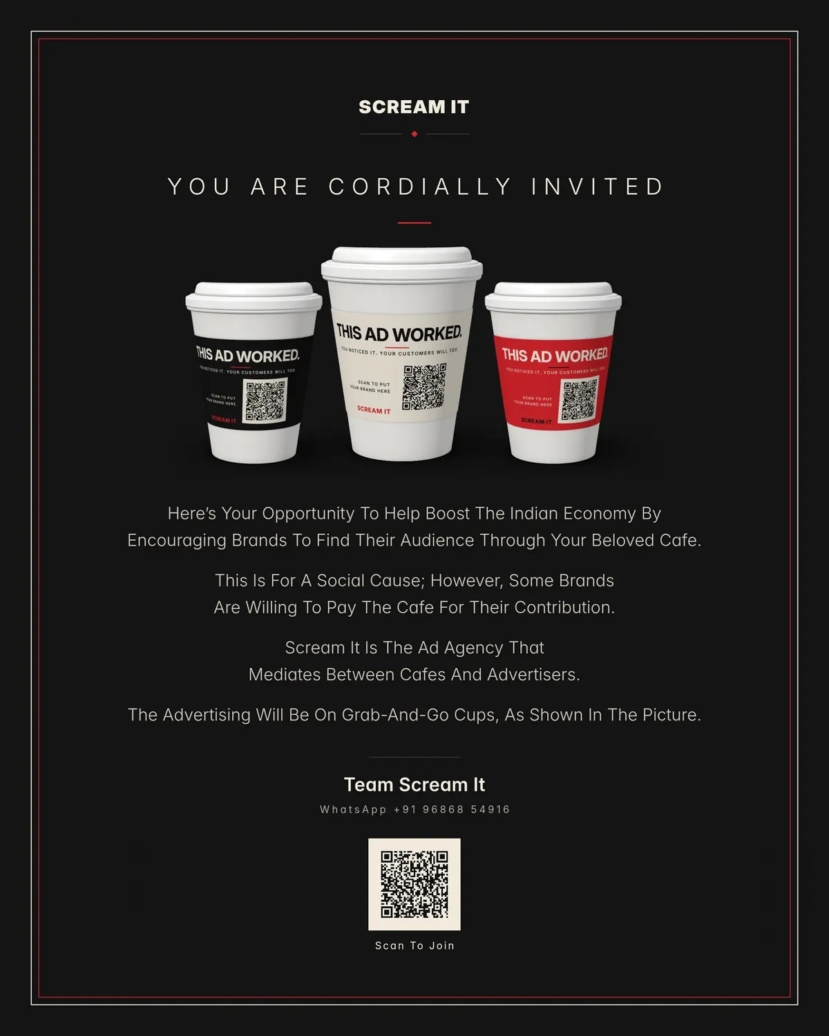 Scream It café partnership invitation artwork with three coffee cups in black, cream and red sleeves